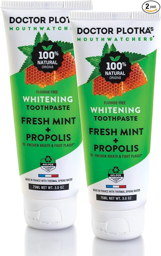 MOUTHWATCHERS Whitening Fluoride Free Naturally Sourced Toothpaste, 2 Tubes, 3 oz Each, for Sensitive Teeth and Gums, Fresh Organic Mint and Organic Propolis, by Dr. Plotka's