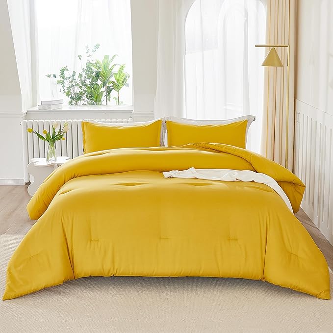 Litanika Mustard Yellow Comforter Set Queen Size, 3 Pieces Lightweight Solid Bedding Comforter Set, All Season Fluffy Bed Set (90x90In Comforter & 2 Pillowcases)