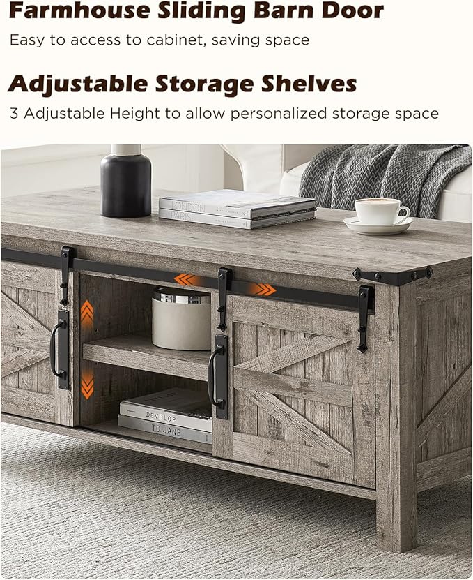 OKD 48" Farmhouse Lift Top Coffee Table with Sliding Barn Door, Rustic Center Table w/Hidden Storage Compartment, Lift Tabletop Dining Table w/Adjustable Shelf for Living Room,Light Rustic Oak