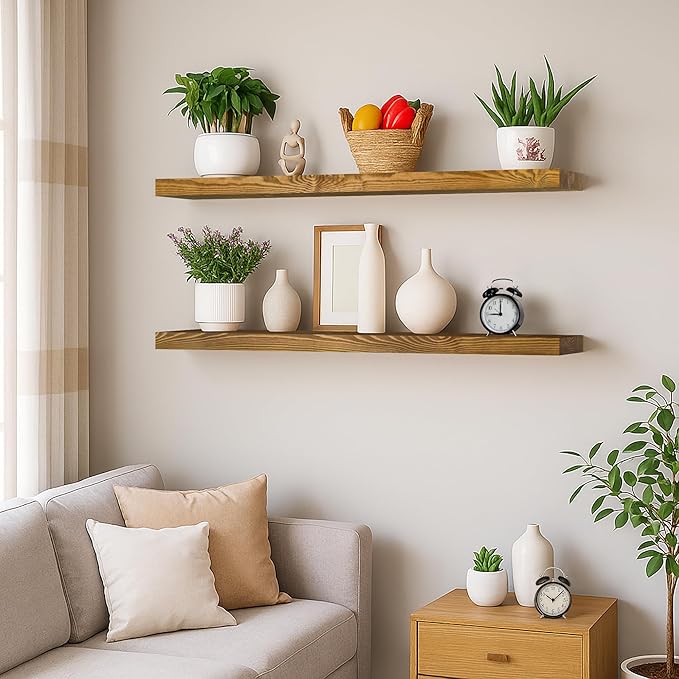 BGMG Wood Floating Shelves for Wall 36 inch Set of 2,Rustic Wooden Wall Mount Shelves for Bathroom Living Room Bedroom Kitchen Farmhouse-36x 6.7 x1.25 inch- Gold Oak