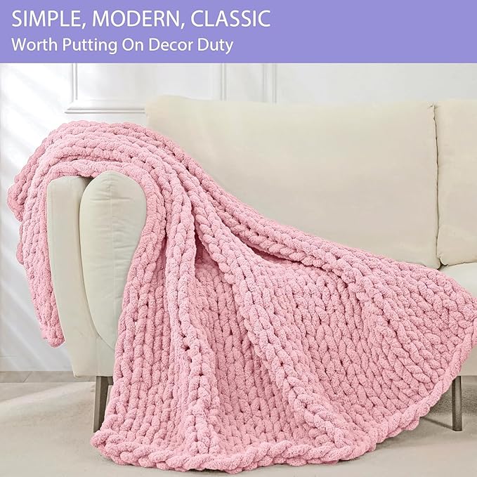 Bigacogo Chunky Knit Throw Blanket for Couch, 40x60 inches, 100% Hand Knitted with Thick Jumbo Chenille Yarn, Cozy Soft Large Rope Knot Cable Crochet Blankets for Sofa Bed Living Room, Blush Pink