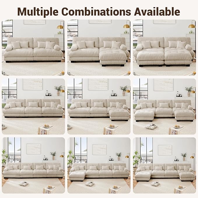 U Shaped Couch Sectional Couch, 4-Seater Cloud Couch Sectional Oversized Couch, Sofa Bed Couch with Round Bolster Armrests 6 Pillows, Modular Couch Home Sofa Living Room Couch