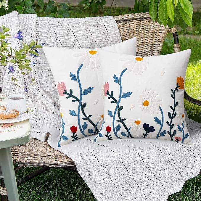 Merrycolor Embroidered Pillow Covers 18x18 Flower Pattern Decorative Throw Pillow Covers Comfortable Cotton Canvas Square Cushion Cases for Sofa Bed Living Room Decor