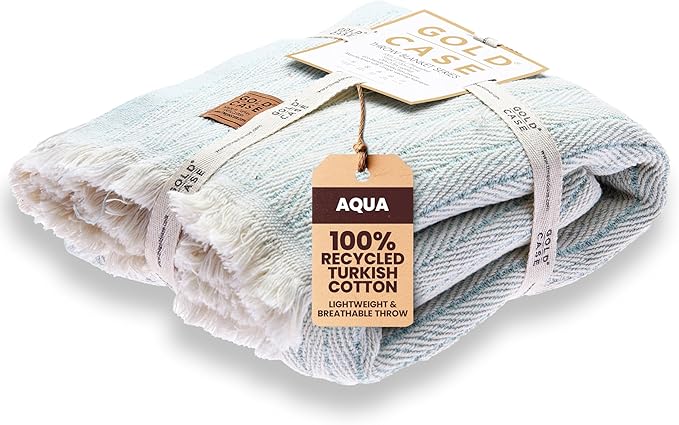 Gold Case Throw Blanket for Couch – 100% Recycled Turkish Cotton Blankets & Throws – Elegant Decorative Throw Blankets for Living Room Sofa – Woven Throws for Couch – Aqua – 60x80