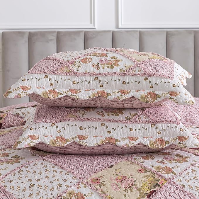 NEWLAKE Quilt Set King Size, Bedspread Sets Pink Botanical Floral, Reversible Quilt Bedding Set Lightweight and Breathable for All Seasons, Soft Quilted Bedspread with 2 Pillow Shams