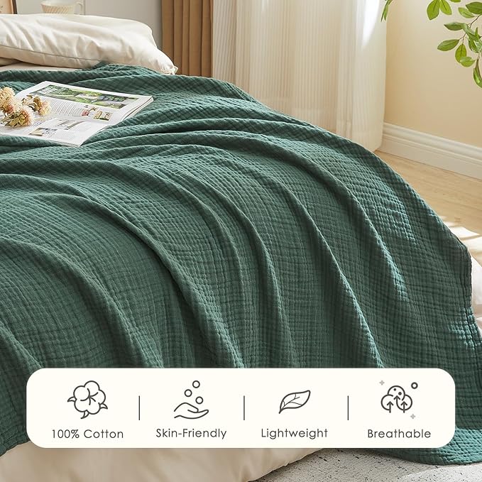 EMME Cotton Muslin Twin Blanket Breathable Gauze Blanket Soft Lightweight Blankets Adults Gifts for Women (Forest Green, 60"x80")