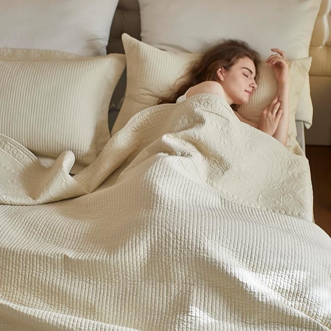 MarCielo 3-Piece 100% Cotton Oversized Bedspread Lightweight Quilt Coverlet Embroidery Farmhouse Bedding Set (TG Yellowish Beige, Oversized Queen (100"x106"))