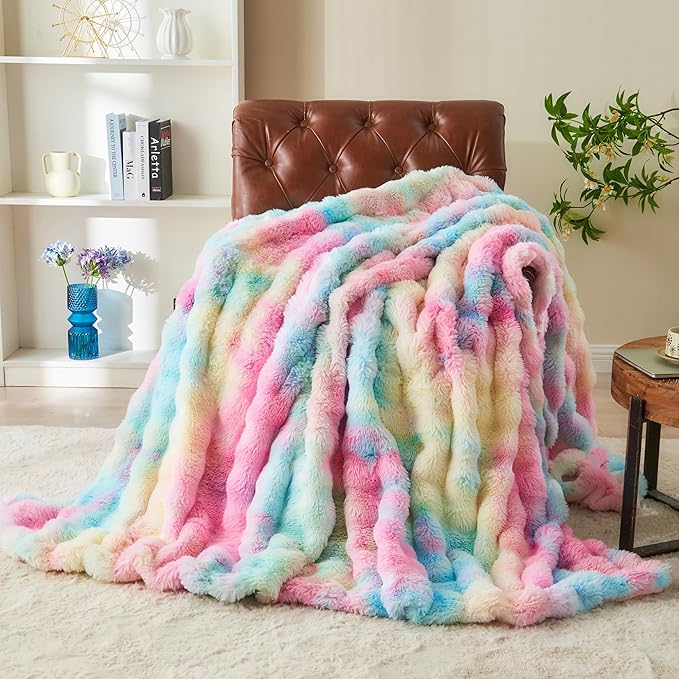 RYNGHIPY Faux Fur Throw Blanket Tie Dye Colorful Rainbow Blanket for Couch Plush Fluffy Faux Rabbit Fur Decoration Blanket for Sofa Chair Bed (Rainbow, 63''x79'')
