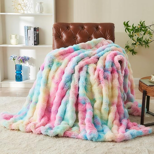 RYNGHIPY Faux Fur Throw Blanket Tie Dye Colorful Rainbow Blanket for Couch Plush Fluffy Faux Rabbit Fur Decoration Blanket for Sofa Chair Bed (Rainbow, 63''x79'')