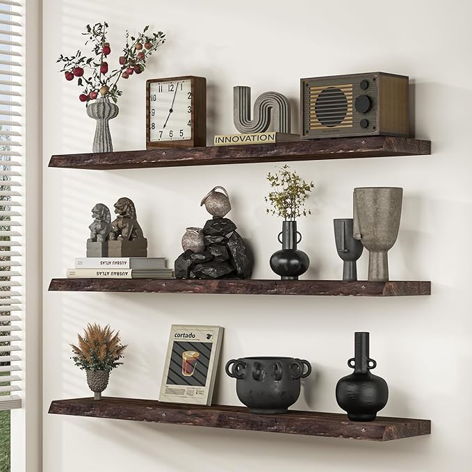 55 Inch Floating Shelves, Live Edge Elm Wood Floating Shelf for Wall, Wall-Mounted Display Shelves with Invisible Heavy-Duty Bracket, Long Floating Shelf for Kitchen, Living Room, Walnut Finish