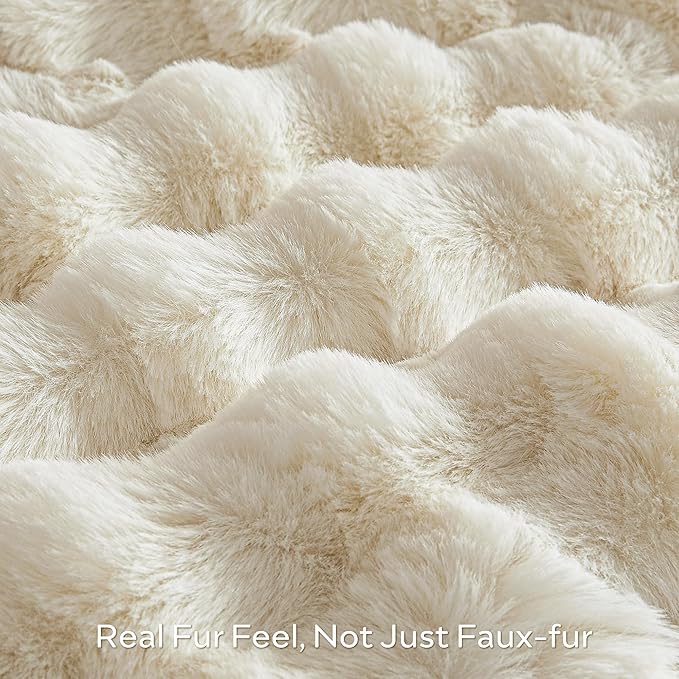 JELLYMONI Faux Fur Throw Blanket, White Fuzzy Cozy Plush Bubble Bed Blanket, Thick and Warm King (108" x 90")