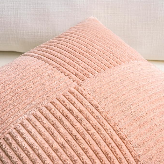 Fancy Homi 2 Packs Peach Decorative Throw Pillow Covers 18x18 Inch for Living Room Couch Bed Sofa, Rustic Boho Farmhouse Home Decor, Soft Corss Corduroy Patchwork Textured Square Cushion Case 45x45 cm