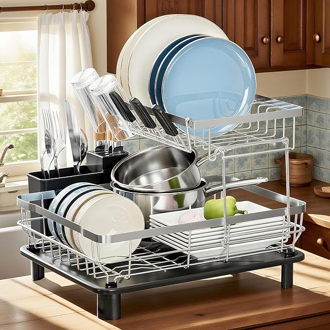 MOUKABAL Dish Drying Rack - 2 Tier Stainless Steel Dish Rack, Dish Racks for Kitchen Counter, Drying Rack Kitchen with Removable Utensil Holder and Drainboard (Black)