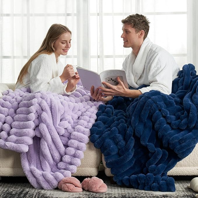 Cozy Bliss Faux Fur Throw Blanket for Couch, Cozy Warm Plush Striped Blanket for Sofa Bedroom Living Room,50 * 60 Inches Navy Blue