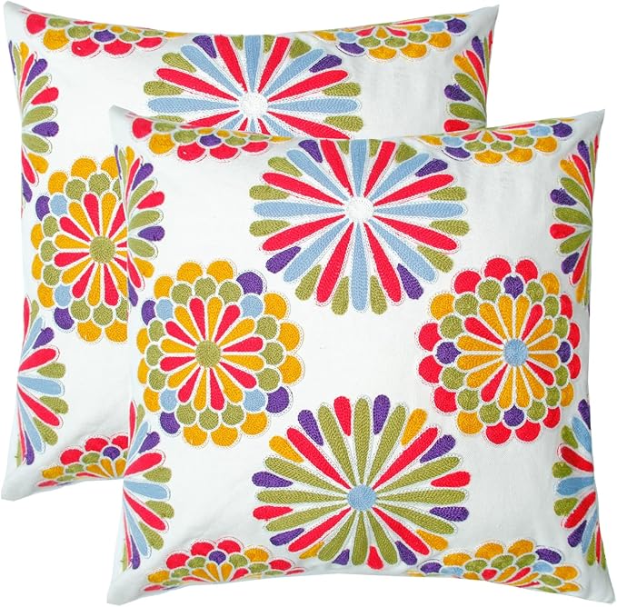 Embroidered Decorative Throw Pillow Cover, 18"x18" Set of 2, Farmhouse Pillowcase Colorful Knit Pattern Cotton Canvas Cushion Case Square Floral Pillow Case for Sofa Couch Bed Living Room