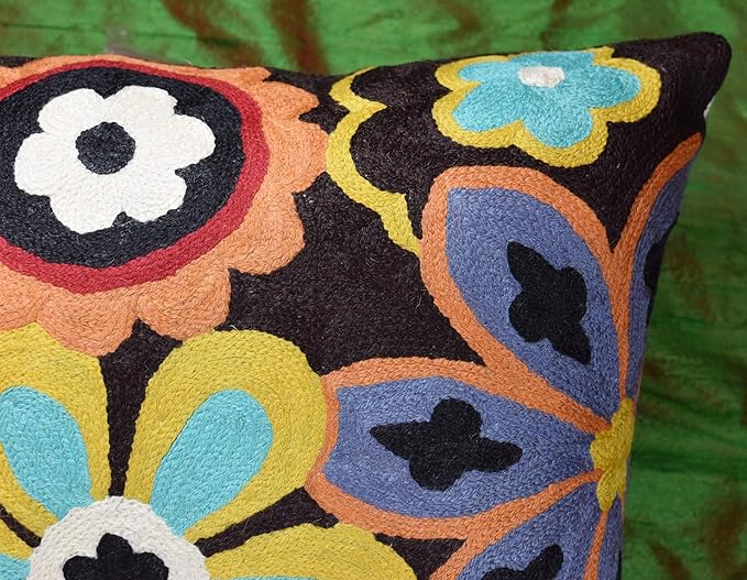 Modern Black Daisy Floral Pillow Cover Accent Flower Traditional Pillowcase Hand Embroidered Florals Couch Pillowsham Boho Outdoor Cushion Suzani Accent Pillow Wool 18x18 Inch