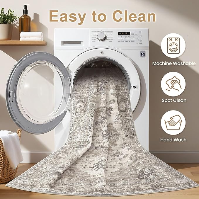 Washable Area Rugs for Living Room -7x10 Neutral Vintage Distressed Floral Farmhouse Boho Large Soft Floor Rug Indoor Non Slip Carpet for Living Room Bedroom Dining Room Office-Brown/Beige