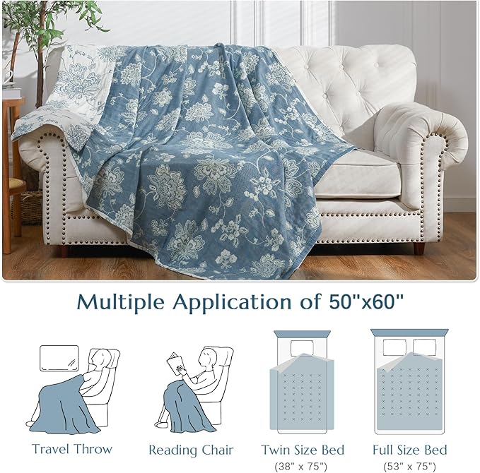 jinchan Boho 100% Cotton Muslin Twin Size 50x60 Inches Blanket Lightweight 4-Layer Quilted Soft Blue and White Floral Throw Blanket Green Accents Reversible Comfy Flower Breathable Summer Couch