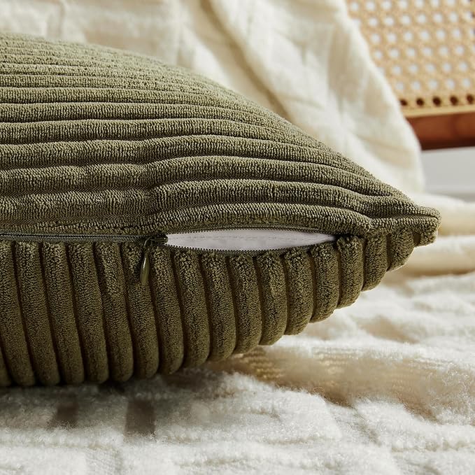 Fancy Homi 2 Packs Olive Green Euro Decorative Throw Pillow Covers 28x28 Inch Room Couch Bed, Rustic Farmhouse Boho Home Decor, Soft Corss Corduroy Patchwork Textured Cushion Case 71x71 cm