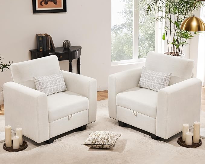 38.5 Oversized Accent Chair with Storage Beige, Single Modern Accent Sofa Chair with Arms for Apartment Living Room Linen(21" Deep Seat)