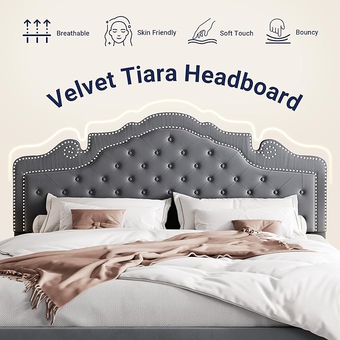 Allewie King Size Bed Frame with Adjustable Velvet Tiara Headboard, Upholstered Diamond Button Tufted Platform Bed, Wood Slats Support, No Box Spring Needed, Light Grey