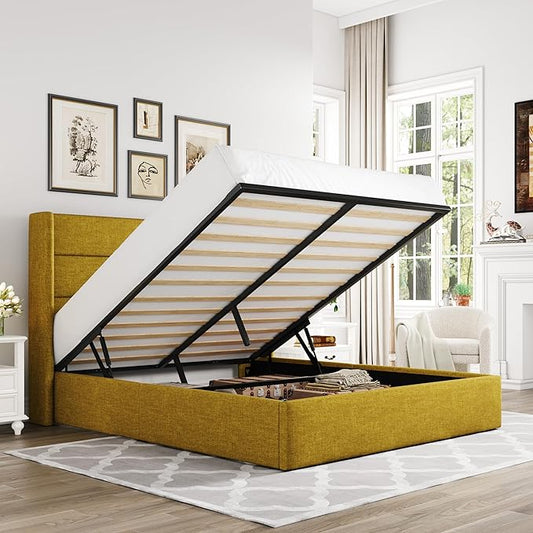 Allewie Full Size Lift Up Storage Bed, Modern Wingback Headboard, Hydraulic Support, No Box Spring Needed, Olive Yellow