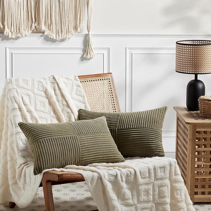 Fancy Homi 2 Packs Olive Green Lumbar Decorative Throw Pillow Covers 12x20 Inch for Living Room Couch Bed, Farmhouse Boho Home Decor, Soft Striped Corduroy Rectangle Accent Cushion Case 30x50 cm