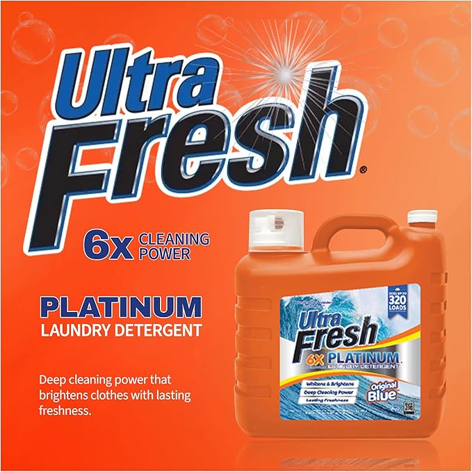 Ultra Fresh 2 x 2.5 Gallon Liquid Laundry Detergent Washing Soap for All Machine Types, 6X Platinum, Up to 640 Loads, Original Blue