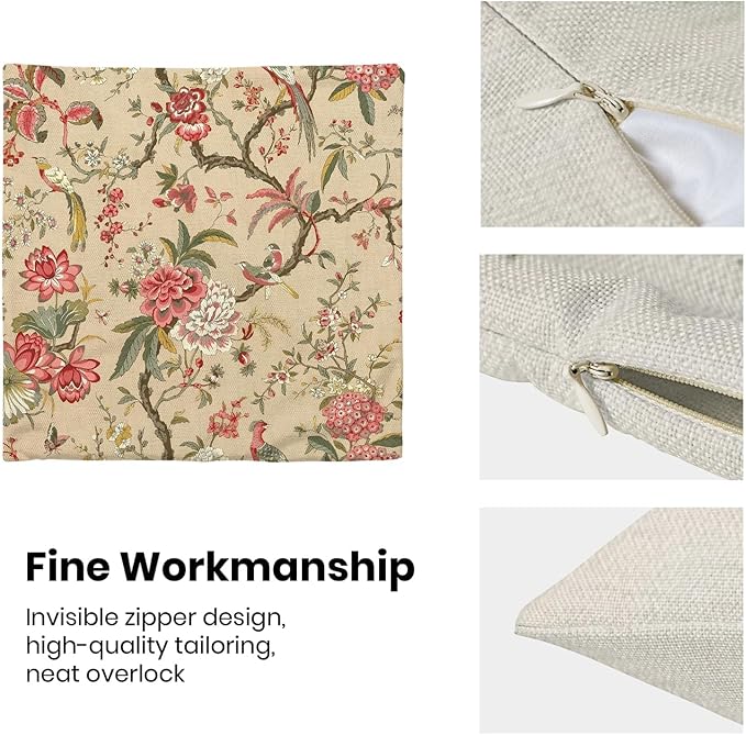 CXMEIFLY Spring Floral Birds Pillow Covers 16 x 16 Inch Set of 2 for Chinoiserie Flowers Decor Throw Pillows Pink Red Plant Outdoor Decorative Cushion Cases for Couch Bed Decorations