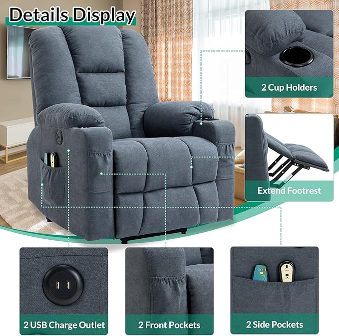VIVIJASON Power Lift Chair Electric Recliner for Elderly Heated Vibration Massage Soft Fabric Recliner Chair with 2 Remote Controls, USB Ports, Side Pockets & Cup Holders for Living Room (Blue)