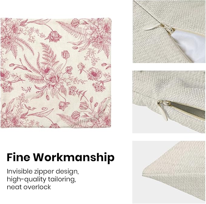 CXMEIFLY Hot Pink Spring Pillow Covers 16 x 16 Inch Set of 2 for Chinoiserie Flowers Decor Throw Pillows Floral Leaves Seasonal Plant Outdoor Decorative Cushion Cases for Couch Bed Decorations