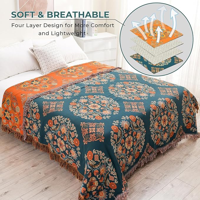 Fall Throw Blanket for Couch Bed Chair,100% Cotton Soft Lightweight Blanket Rustic Quilt -Orange Floral Printed Farmhouse Decor Bed All Season Blankets,60"×80"