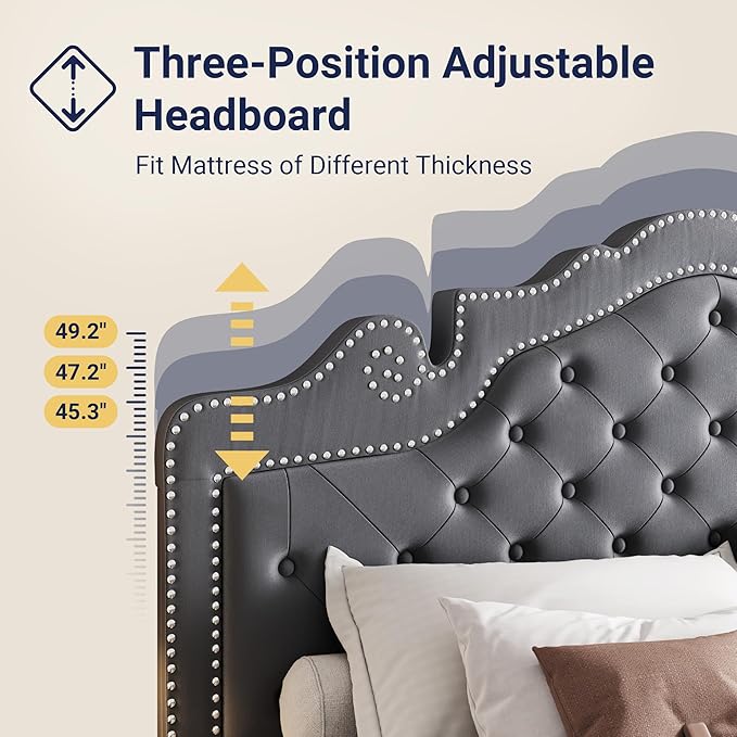 Allewie Full Size Bed Frame with Adjustable Velvet Tiara Headboard, Upholstered Diamond Button Tufted Platform Bed, Wood Slats Support, No Box Spring Needed, Light Grey