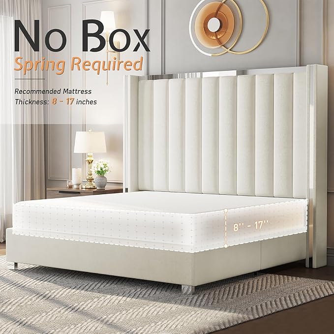 Jocisland King Size Bed Frame with 58" Tall Headboard, Platform Velvet Upholstered Bed with Channel Tufted Wingback Headboard and Plating Trim, No Box Spring Needed, Cream
