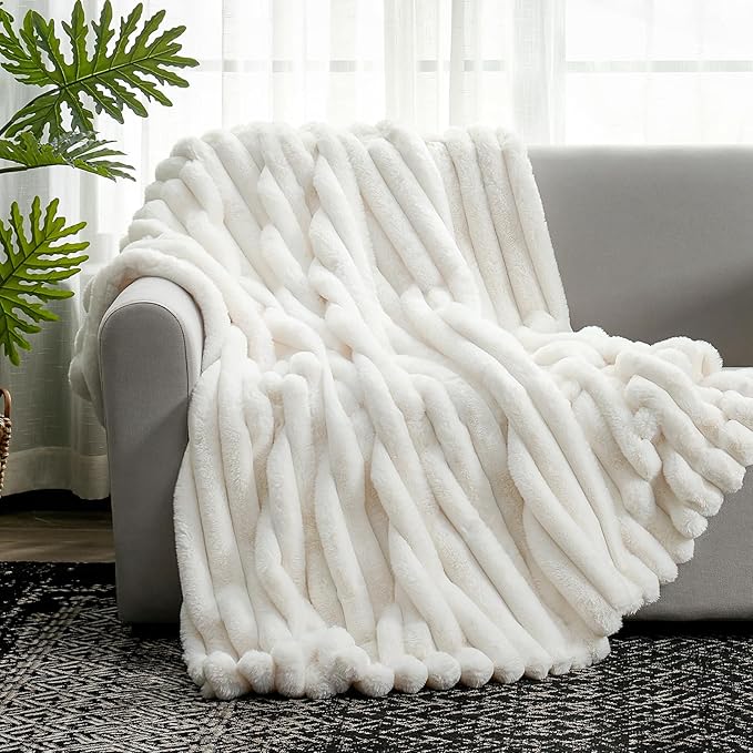 Cozy Bliss Faux Fur Throw Blanket for Couch, Cozy Warm Plush Striped Blanket for Sofa Bedroom Living Room, 60 * 80 Inches Cream White