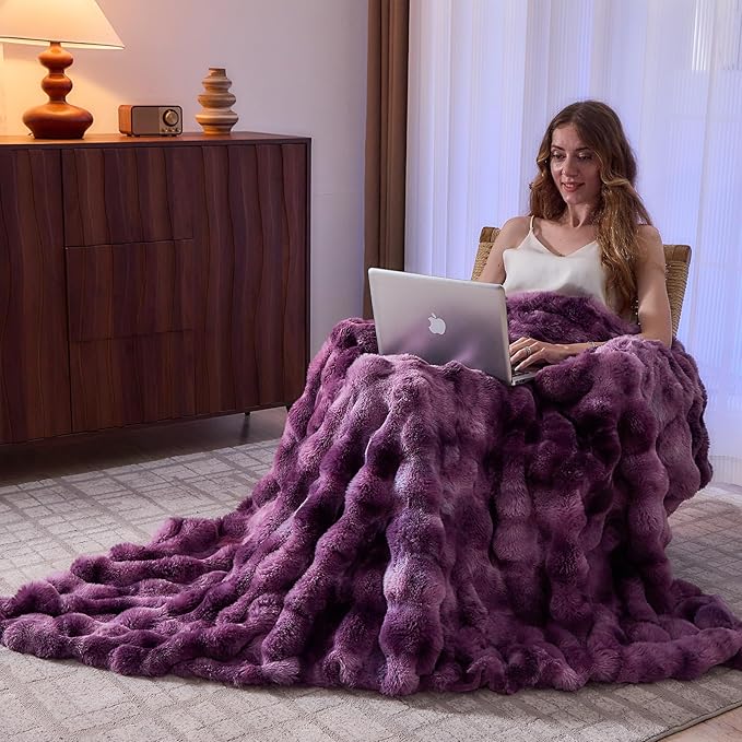 Lotus Karen Faux Fur Throw Blanket Tie-dye Violet - Big Bubble Rabbit Fluff Blanket for Couch Bed Sofa,Softest Fluffy Fuzzy Cozy Blanket,Thick Furry Plush Shaggy Warm Blankets for Women,50x60 Inches