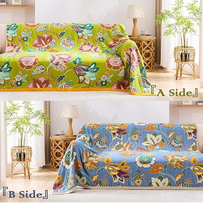 Fall Throw Blanket, 100% Cotton Soft Rustic Boho Throw Blanket for Bed, 80"x90" Farmhouse Decor Bed Flower Blankets, Light Weight Reversible Bohemian Throw Quilt