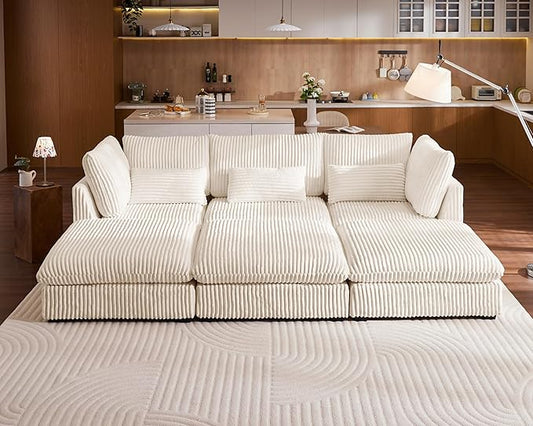 Oversized Modular Sofa, Extra Deep Cloud Corduroy Sectional Couch with Ottoman Chaise, Fluffy Chenille 6 Seater Couch Bed for Living Room, Villa (Sofa Bed 6 Seater, Corduroy White)