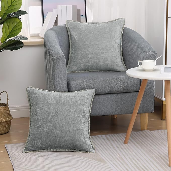 decorUhome Chenille Soft Throw Pillow Covers 26x26 Set of 2, Farmhouse Velvet Neutral Decorative Euro Pillow Covers with Stitched Edge for Couch Sofa Bed Home Decor, Neutral Gray