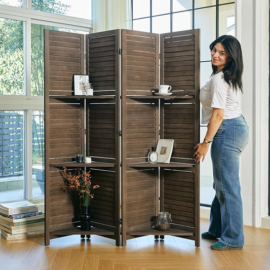 Partition Room Dividers, 67 * 51inch Folding Wood Privacy Screen with Three Display Shelves Suitable for Home Office, Study, Art Display - 4 Panel (Brown)
