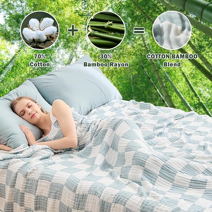 EMME Checkered Throw Blanket Cotton for Couch Soft Muslin Bamboo Blankets 50"x60" Lightweight Breathable Soft Blanket All Season Gauze, Teal