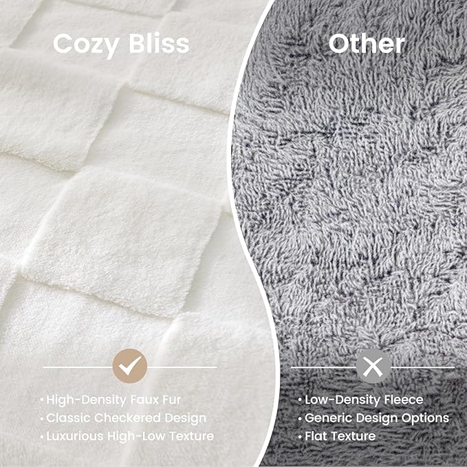 Cozy Bliss Checkered White Large Faux Rabbit Fur Queen Size Blanket, Soft Fuzzy Fluffy Minky Cream Furry Blankets for Couch, Bed (90 * 90 Inches Ivory)