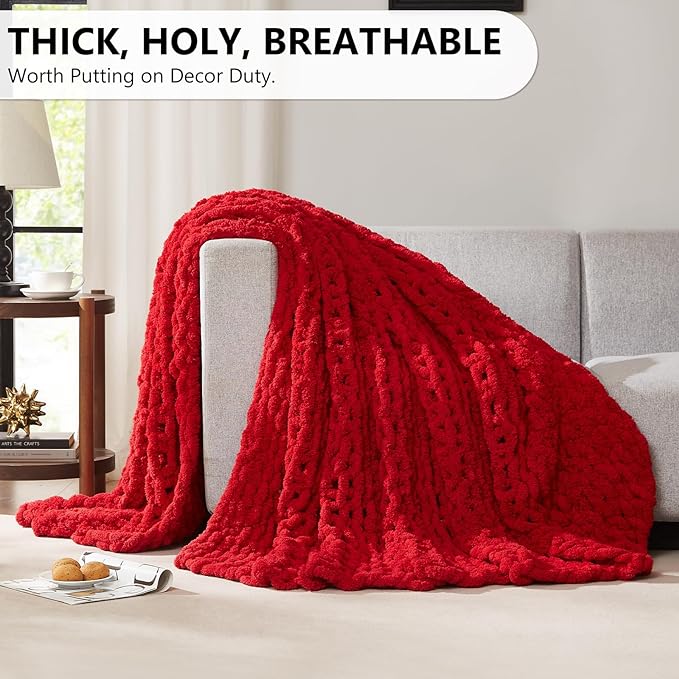 L'AGRATY Chunky Knit Throw: 72''x84'' Chenille Blanket for Bed Couch - Handmade Thick Big Cable Knit - Large Crochet Rope for Home Decor (Red)
