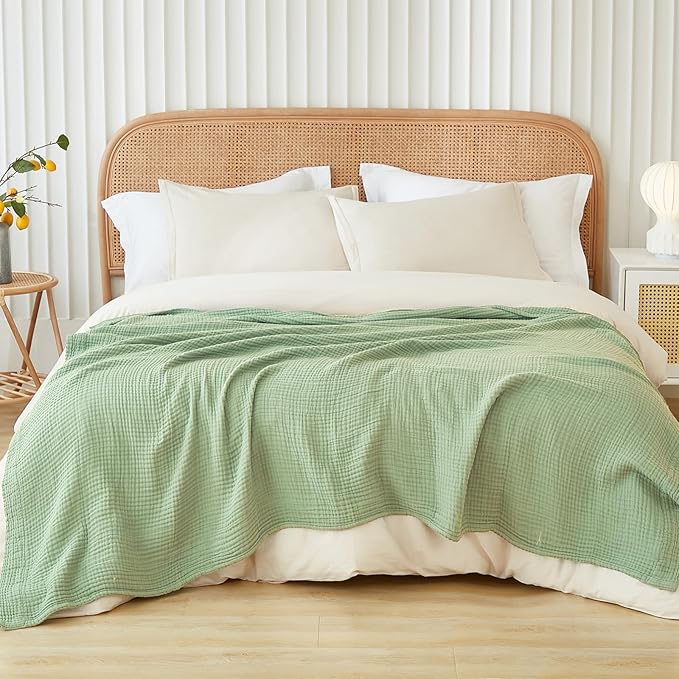 EMME Cotton Twin Blanket for Couch Soft Airy Muslin Bed Blankets Lightweight Breathable Blanket All Season Gauze Blanket, Sage Green