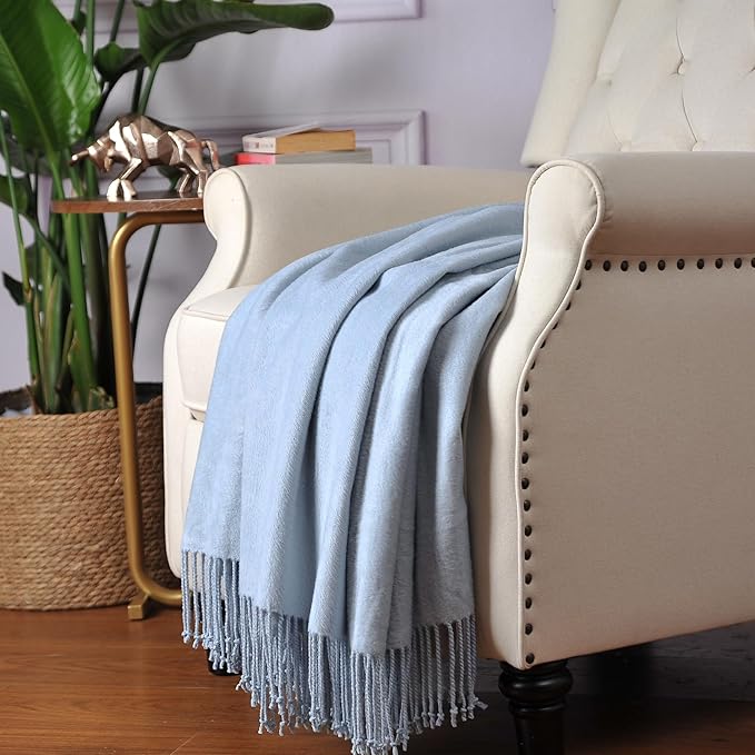 CUDDLE DREAMS Silk Throw Blanket with Hand-Knotted Fringe, Natural, Soft & Breathable (Ice Blue)