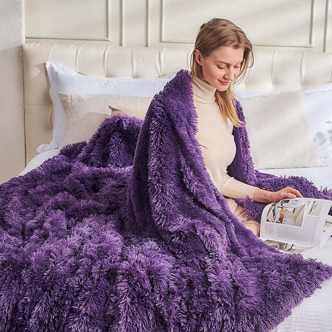 GONAAP Fuzzy Faux Fur Throw Blanket Queen Size Purple Super Soft Cozy Plush Fuzzy Shaggy Blanket for Couch Sofa Bed (Purple, Queen(90"x90"))