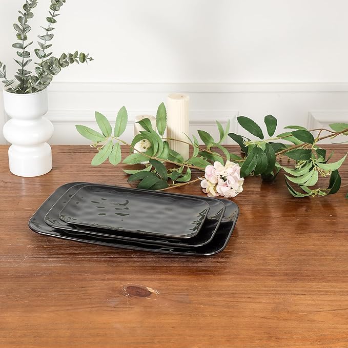 vicrays Ceramic Rectangle Serving Platters - 14" 12" 10" Porcelain Serving Trays Plates for Party BBQ Appetizers Sushi Dessert - Microwave Oven and Dishwasher Safe - Set of 3 Bright Black