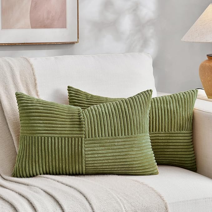 Fancy Homi 2 Packs Moss Green Long Lumbar Decorative Throw Pillow Covers 12x24 Inch for Couch Bed Sofa, Rustic Farmhouse Boho Home Decor, Soft Striped Corduroy Rectangle Accent Cushion Case 30x60 cm