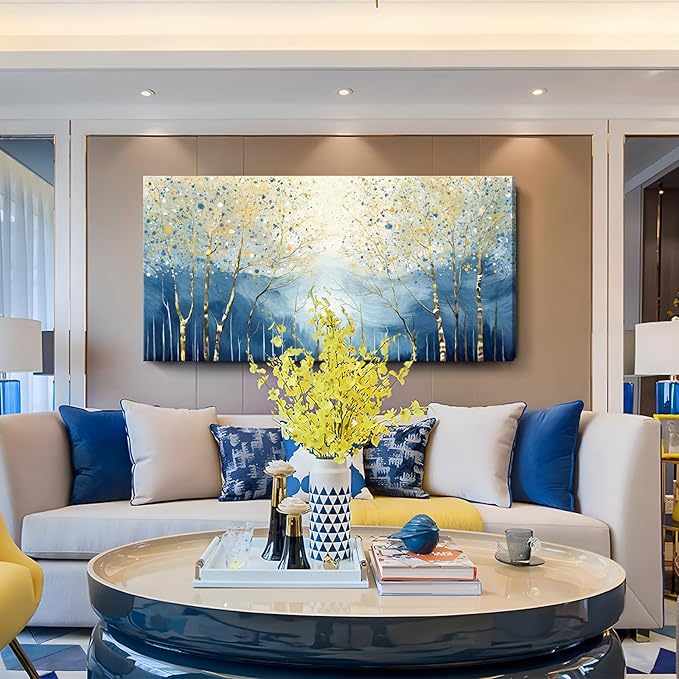 amatop Large Abstract Wall Art for Living Room Modern Tree of Life Canvas Art Print Nature-Inspired Navy Blue Wall Decor Landcape Artwork Birch Forest Picture Bedroom Office Dining Entryway 48x24 Inch