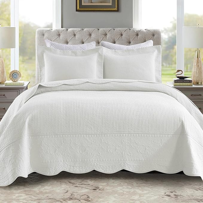 MarCielo 3-Piece 100% Cotton Oversized Bedspread Lightweight Quilt Coverlet Embroidery Farmhouse Bedding Set (TG Bright White, Oversized Queen (100"x106"))